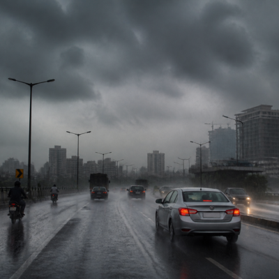 Dark monsoon clouds and heavy rain over a Maharashtra urban roadway during a weather alert
