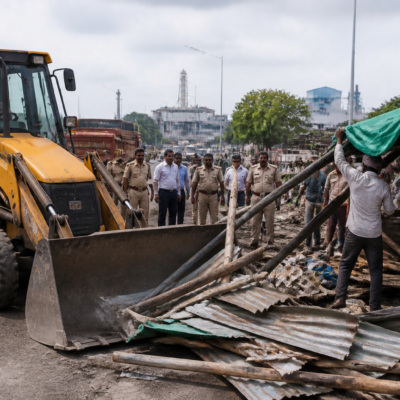 Roadside encroachment removal drive along a highway in Chakan MIDC industrial area