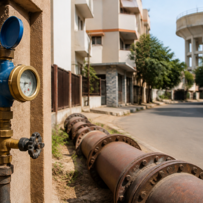 Pune equitable water supply scheme infrastructure with a municipal water meter and pipeline network