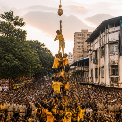 Govinda participants forming a human pyramid at a Thane Dahi Handi celebration