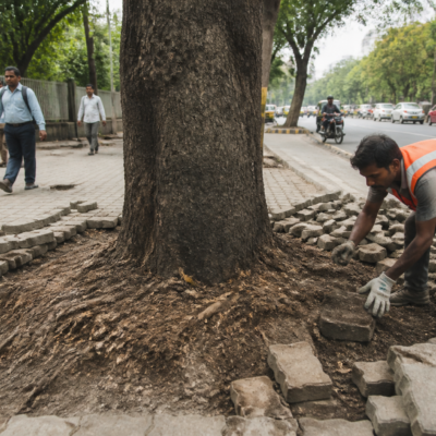 A roadside tree in Navi Mumbai with an open soil pit around its trunk after concrete and paver blocks are removed