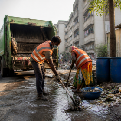 Waste collection vehicle and municipal sanitation workers on a street in Vasai-Virar