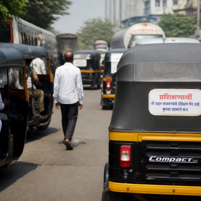 Vasai autorickshaw displaying a Marathi language training sign for passengers