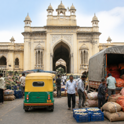 Entrance and busy goods vehicles at Bengaluru's KR Market, where a new KR Market entry fee has been introduced