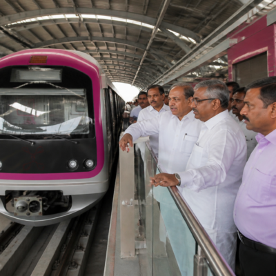 Namma Metro train being inspected at a Pink Line station in Bengaluru