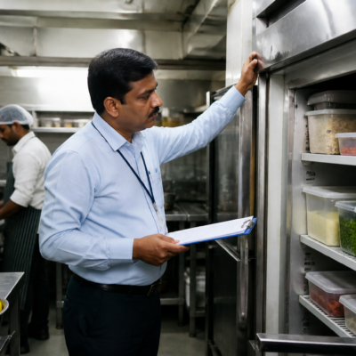 Food safety inspection at a Mumbai food establishment following Maharashtra FDA action against four businesses