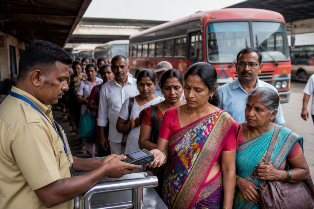 MSRTC bus at a Maharashtra bus depot as passengers use the NCMC card system for concessionary travel