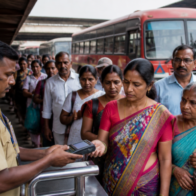 MSRTC bus at a Maharashtra bus depot as passengers use the NCMC card system for concessionary travel