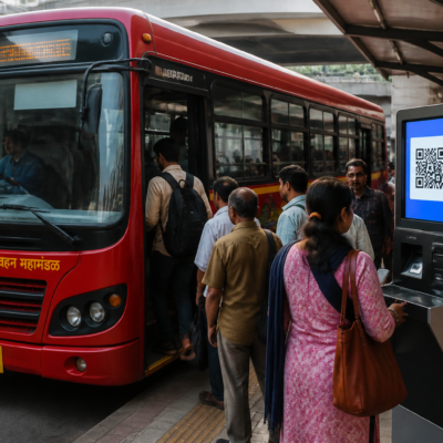MSRTC bus operating on a Maharashtra road, illustrating the proposed conductorless bus service and digital ticketing plan