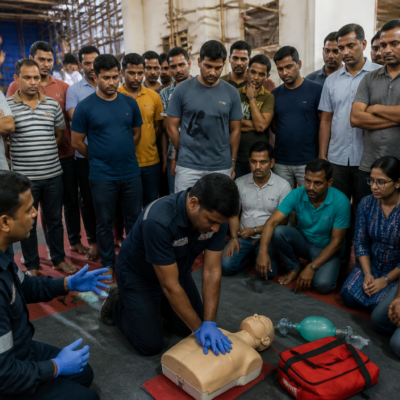 Mumbai Ganeshotsav safety training for volunteers at a public Ganesh mandal
