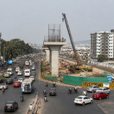 Road junction and flyover construction zone representing the cancelled Pune flyover tender between Chandani Chowk and Bhugaon