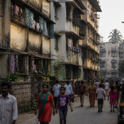 A dense Ulhasnagar neighbourhood with aging residential buildings, illustrating the proposed Ulhasnagar cluster redevelopment survey