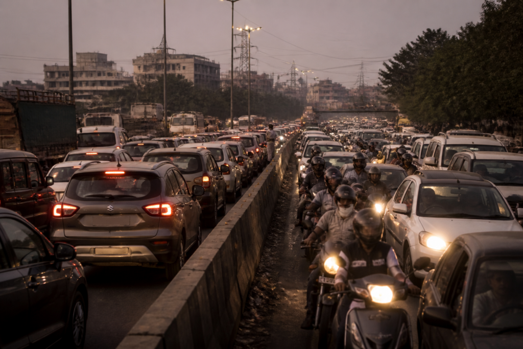 Traffic congestion and vehicles entering the wrong-way lane on Kalyan-Shilphata Road