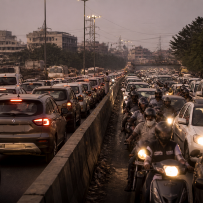 Traffic congestion and vehicles entering the wrong-way lane on Kalyan-Shilphata Road
