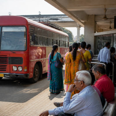 Maharashtra ST bus at a Palghar depot representing NCMC card use by women and senior citizens