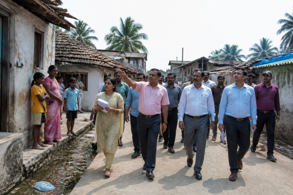 Officials inspecting an old village settlement in Mira Bhayandar during a government review of house reconstruction and gaothan protection