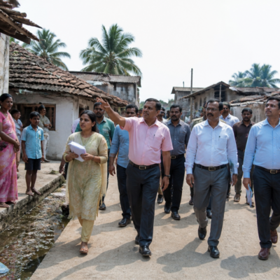 Officials inspecting an old village settlement in Mira Bhayandar during a government review of house reconstruction and gaothan protection