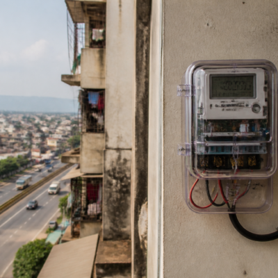 Electricity smart meter installed outside a residential building in Vasai-Virar, Maharashtra