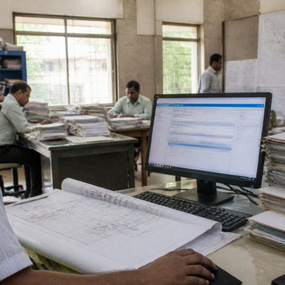 Vasai-Virar Municipal Corporation town-planning records and building approval information on a computer screen