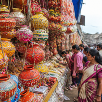 Decorated colourful Dahihandi earthen pots displayed for sale in a crowded Vasai market