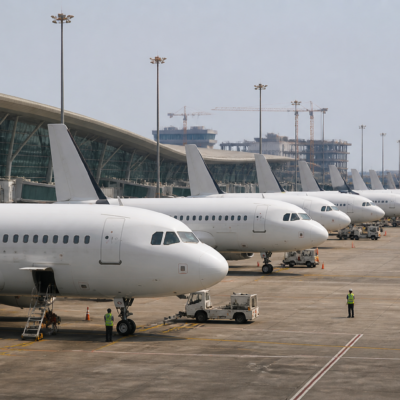 Airbus commercial aircraft on an airport apron in India, representing planned India aircraft deliveries and aviation maintenance growth