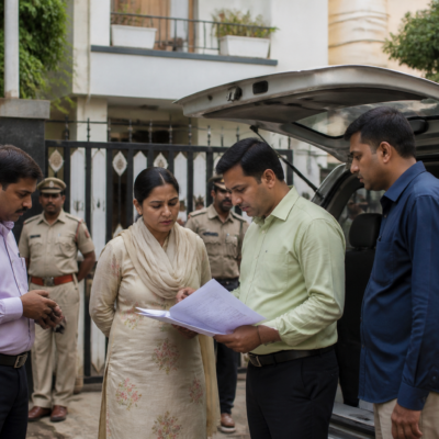 Karnataka CID officers conducting an investigation at a residential property in Bengaluru linked to the KPSC scam probe