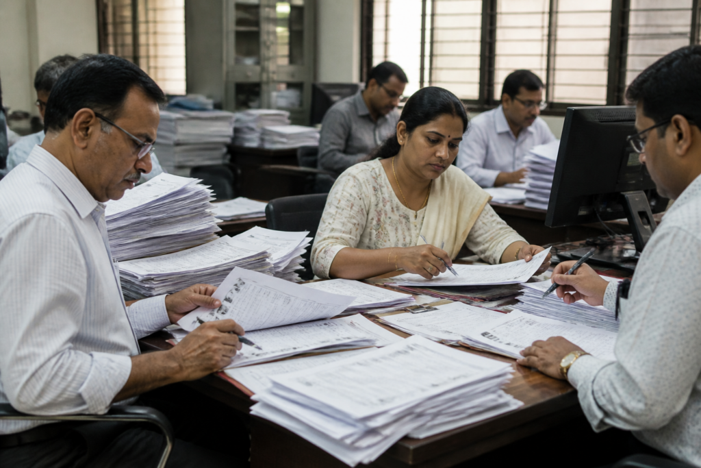 Election officials reviewing voter list documents in Bengaluru during the Byatarayanapura electoral roll verification process