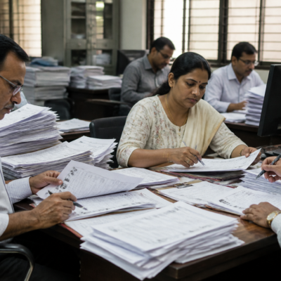 Election officials reviewing voter list documents in Bengaluru during the Byatarayanapura electoral roll verification process