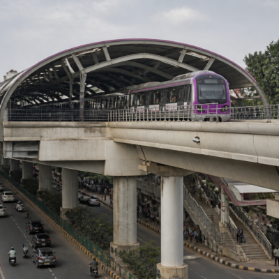 Namma Metro train at Jayadeva Hospital station on Bengaluru's elevated Pink Line