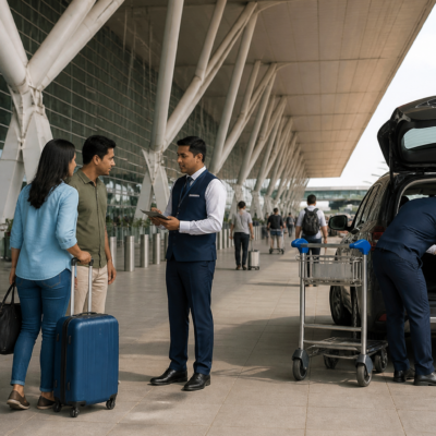 Passengers using the terminal kerbside at Kempegowda International Airport Bengaluru, where Care by BLR passenger services have been launched