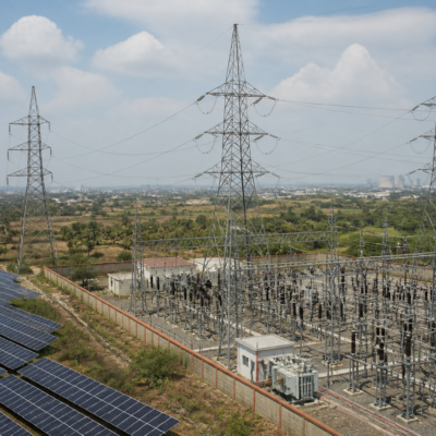 Karnataka power capacity expansion represented by a transmission substation and renewable-energy infrastructure