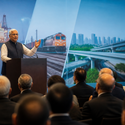 Gujarat Chief Minister Bhupendra Patel speaking at a Mumbai roadshow promoting the Mumbai-Gujarat economic corridor
