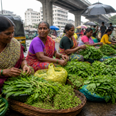 Tribal women selling seasonal wild vegetables at a busy Thane market during the monsoon