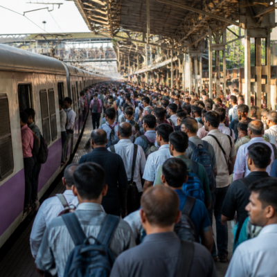 Crowded suburban railway platform at Diva station with passengers waiting for a fast local train