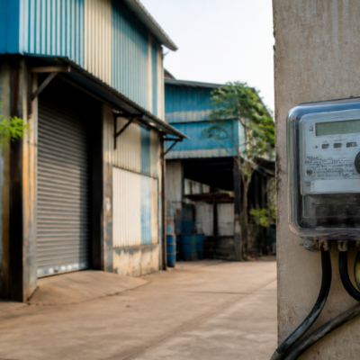 Smart electricity meter outside an industrial unit in Thane, representing a reported power disconnection after bill payment