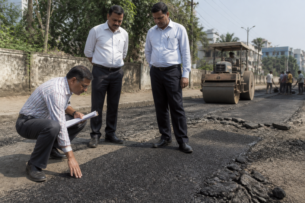Municipal officials inspect freshly laid asphalt on a pothole repair site in Dombivli