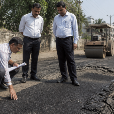 Municipal officials inspect freshly laid asphalt on a pothole repair site in Dombivli