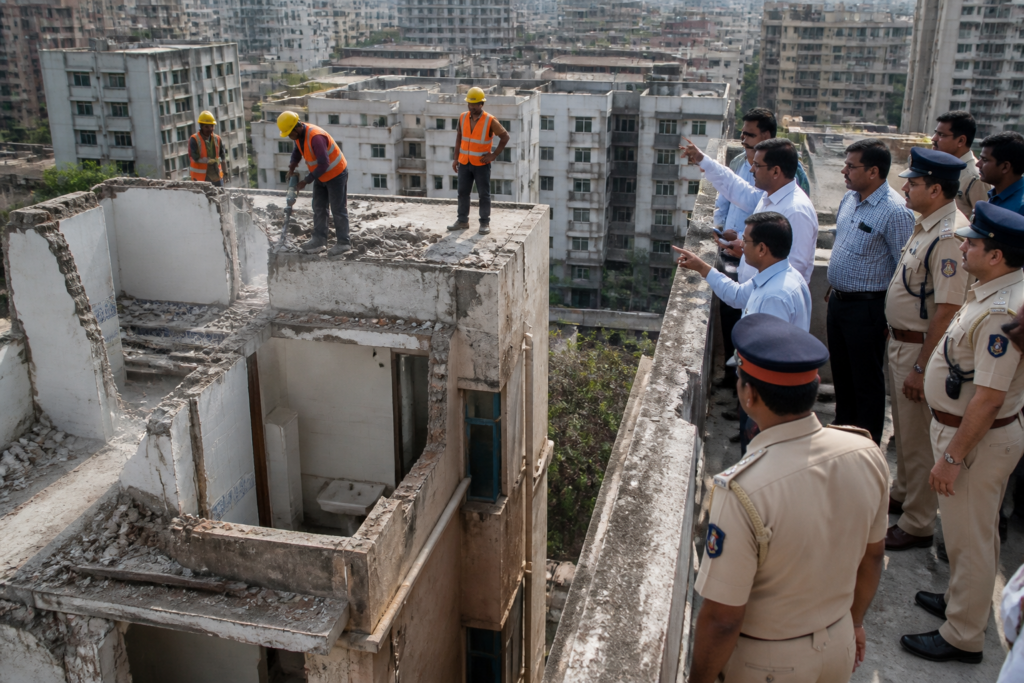 Panvel Municipal Corporation officials demolishing unauthorised construction at the L K Vivanta building in Kamothe