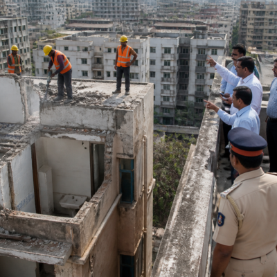 Panvel Municipal Corporation officials demolishing unauthorised construction at the L K Vivanta building in Kamothe
