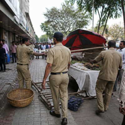Navi Mumbai municipal workers conducting an encroachment drive near a Vashi footpath