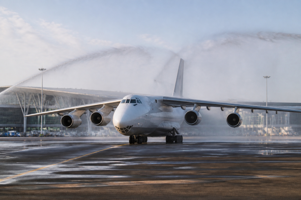 Antonov AN-124 cargo aircraft on the runway at Navi Mumbai International Airport after arriving from Abu Dhabi