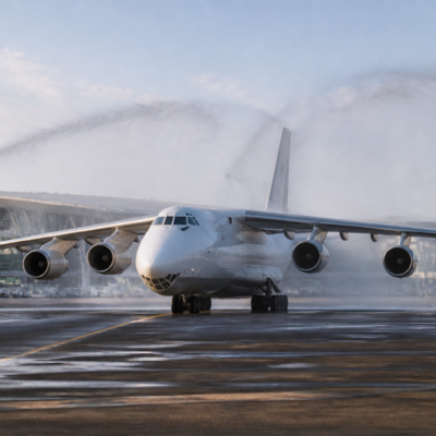 Antonov AN-124 cargo aircraft on the runway at Navi Mumbai International Airport after arriving from Abu Dhabi