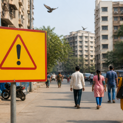 Municipal warning board in Mira Bhayandar announcing fines for open feeding of stray dogs and pigeons