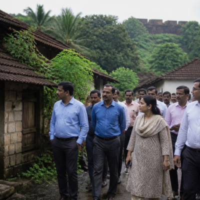 Officials inspect old village homes and surrounding settlements in Mira Bhayandar during a government-led reconstruction review
