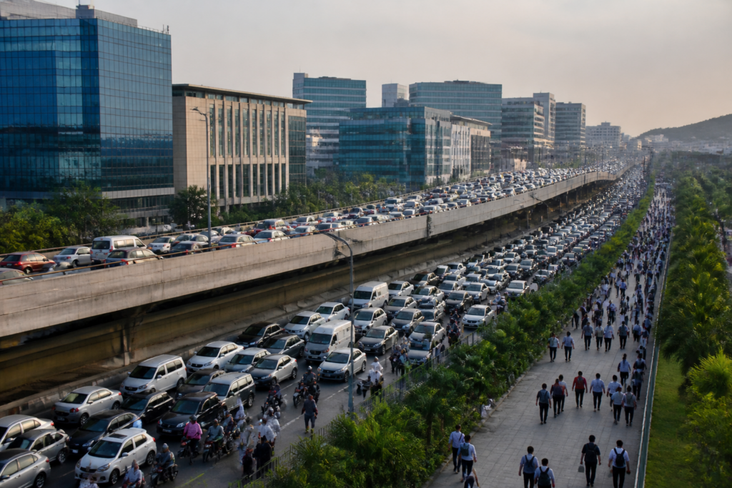 Traffic and urban infrastructure around Hinjewadi IT Park in Pune, the site of a planned employee and resident protest