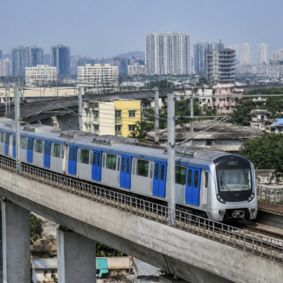 Six-coach Thane Metro Line 4 train during a trial run between Gaimukh and Kapurbawdi