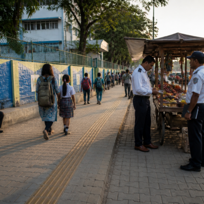 Navi Mumbai Municipal Corporation enforcement area near a school, illustrating the paan shop ban within 50 metres of educational institutions