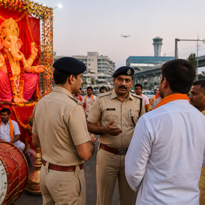Ganeshotsav procession route in Navi Mumbai with police oversight and no DJ or laser-light equipment