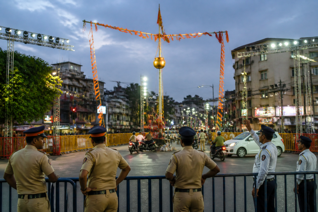 Dahi Handi preparations at a decorated public venue in Vasai-Virar