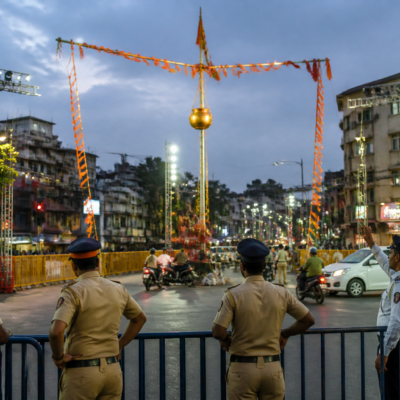 Dahi Handi preparations at a decorated public venue in Vasai-Virar